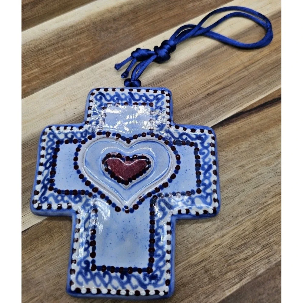 Sydell Riverplace Pottery Ceramic Folk Art Cross Hanging Ornament ~ Signed‎